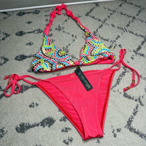 NEW VITAMIN A Coral Pink Beachy Boho Geometric Triangle Cheeky Bikini Set - Picture 1 of 10